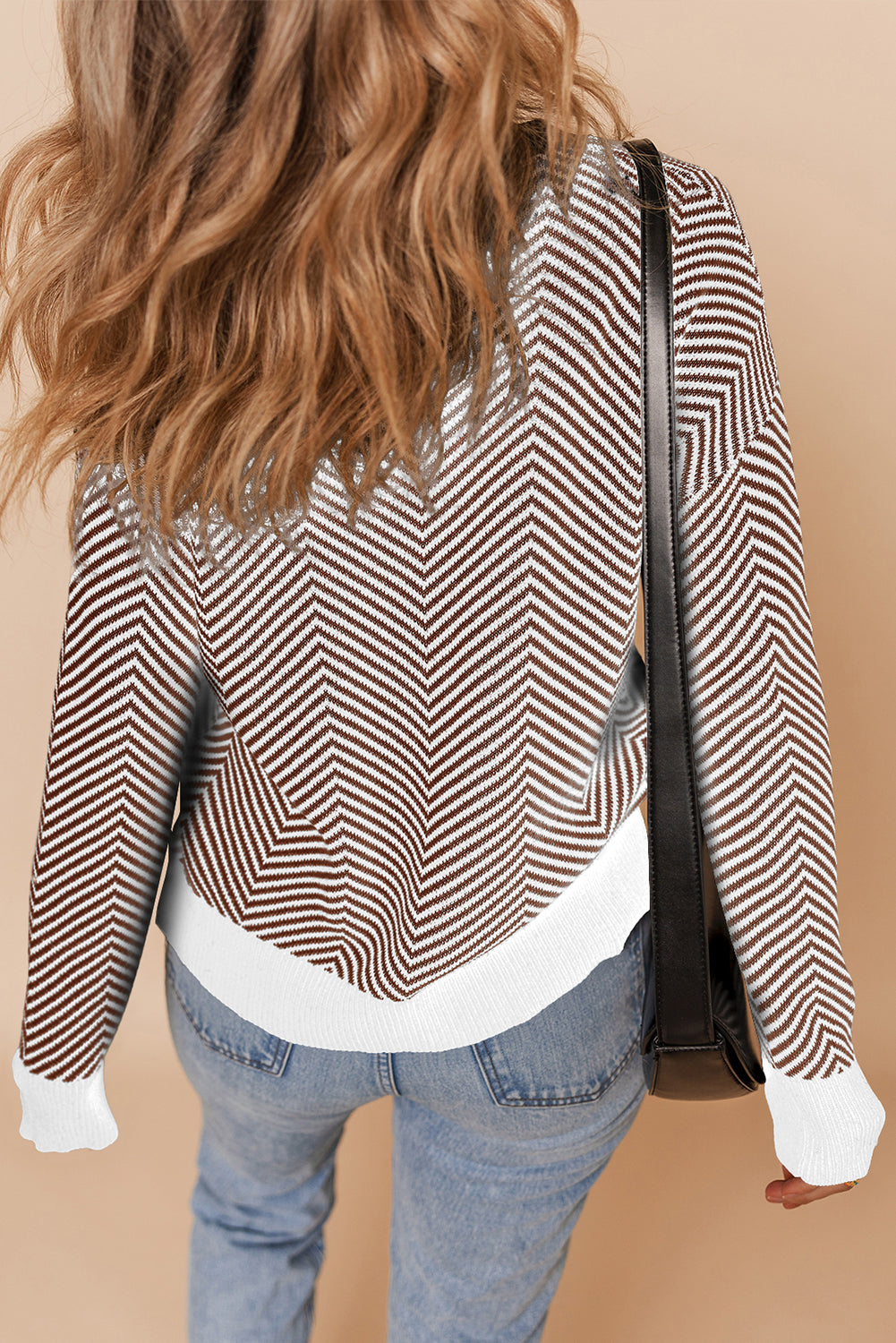 Brown Stripe Buttoned Front V Neck Herringbone Cardigan