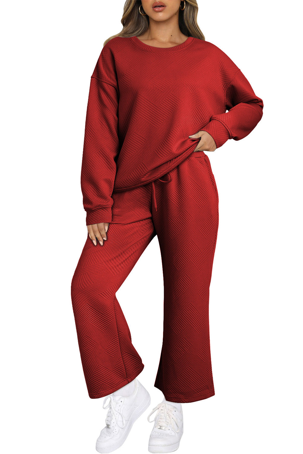 Black Textured Loose Slouchy Long Sleeve Top and Pants Set
