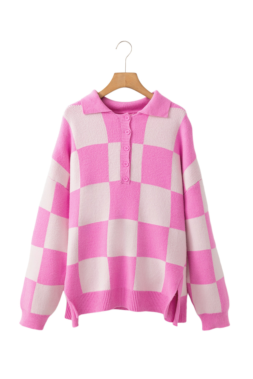 Pink Checkered Button Collared Sweater