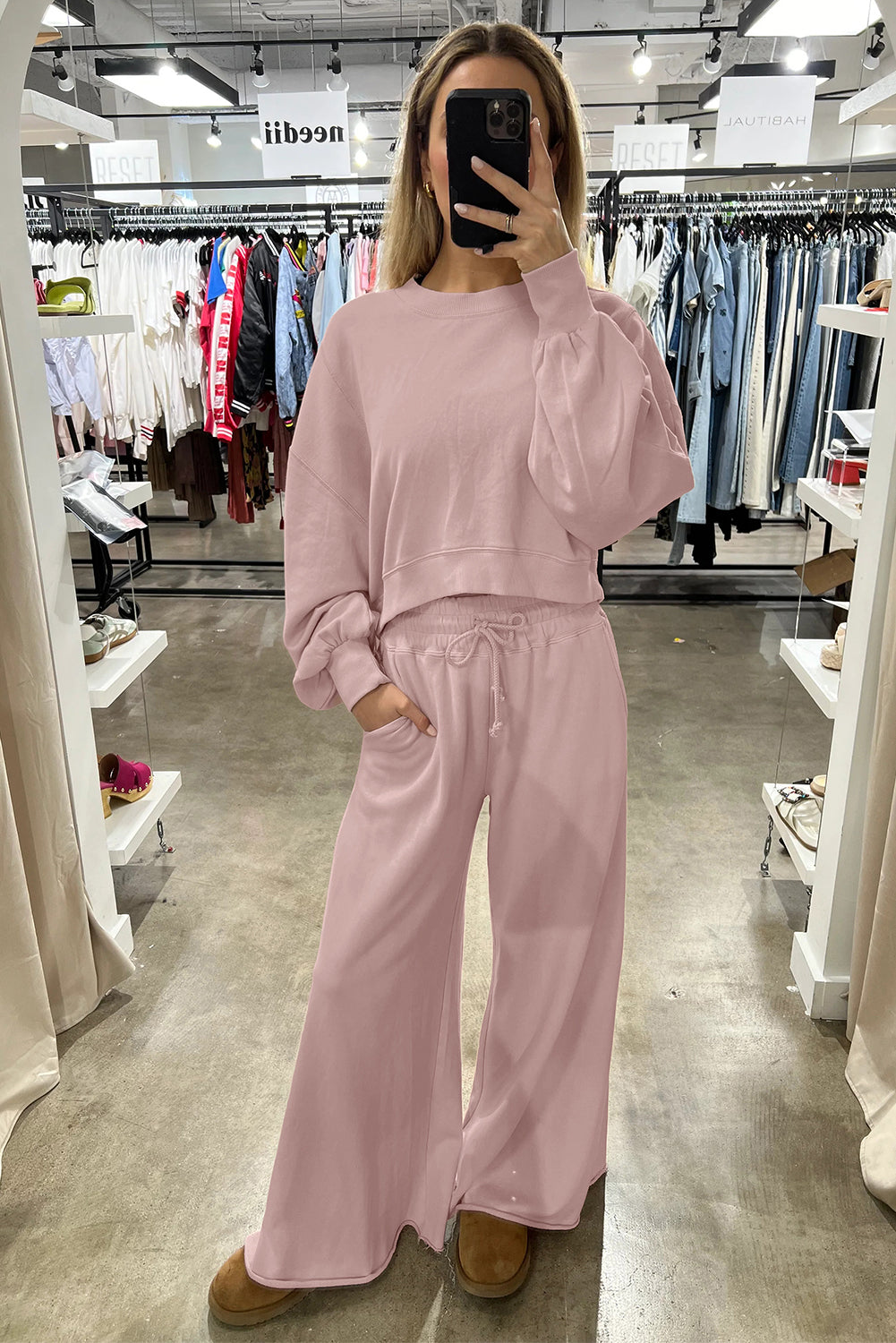 Bright Green Drop Shoulder Crop Pullover Drawstring Wide Leg Pants Set