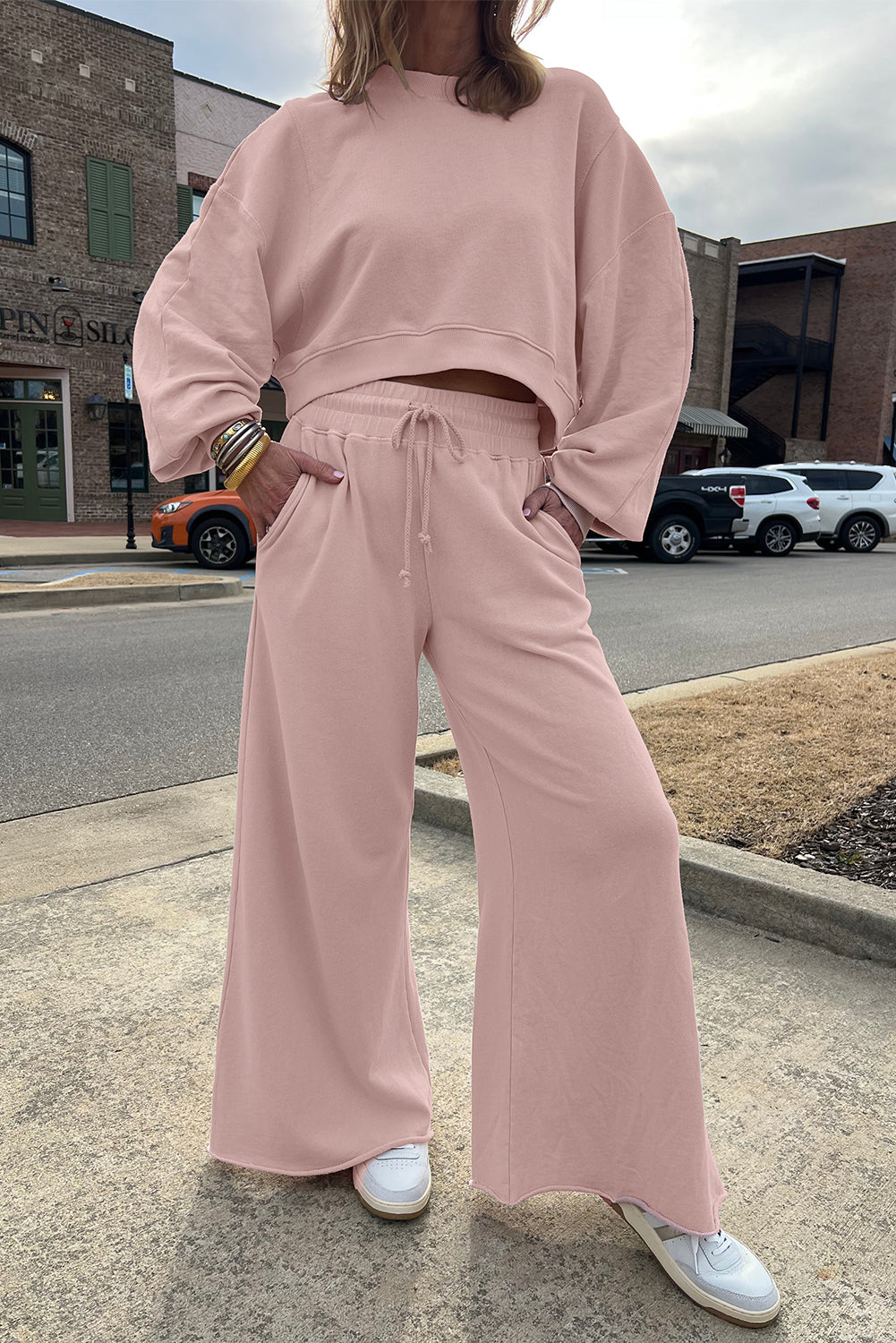 Bright Green Drop Shoulder Puff Sleeve Crop Pullover Drawstring Wide Leg Pants Set