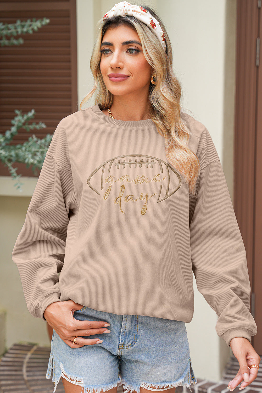 White Football Graphic Drop Shoulder Game Day Corded Sweatshirt