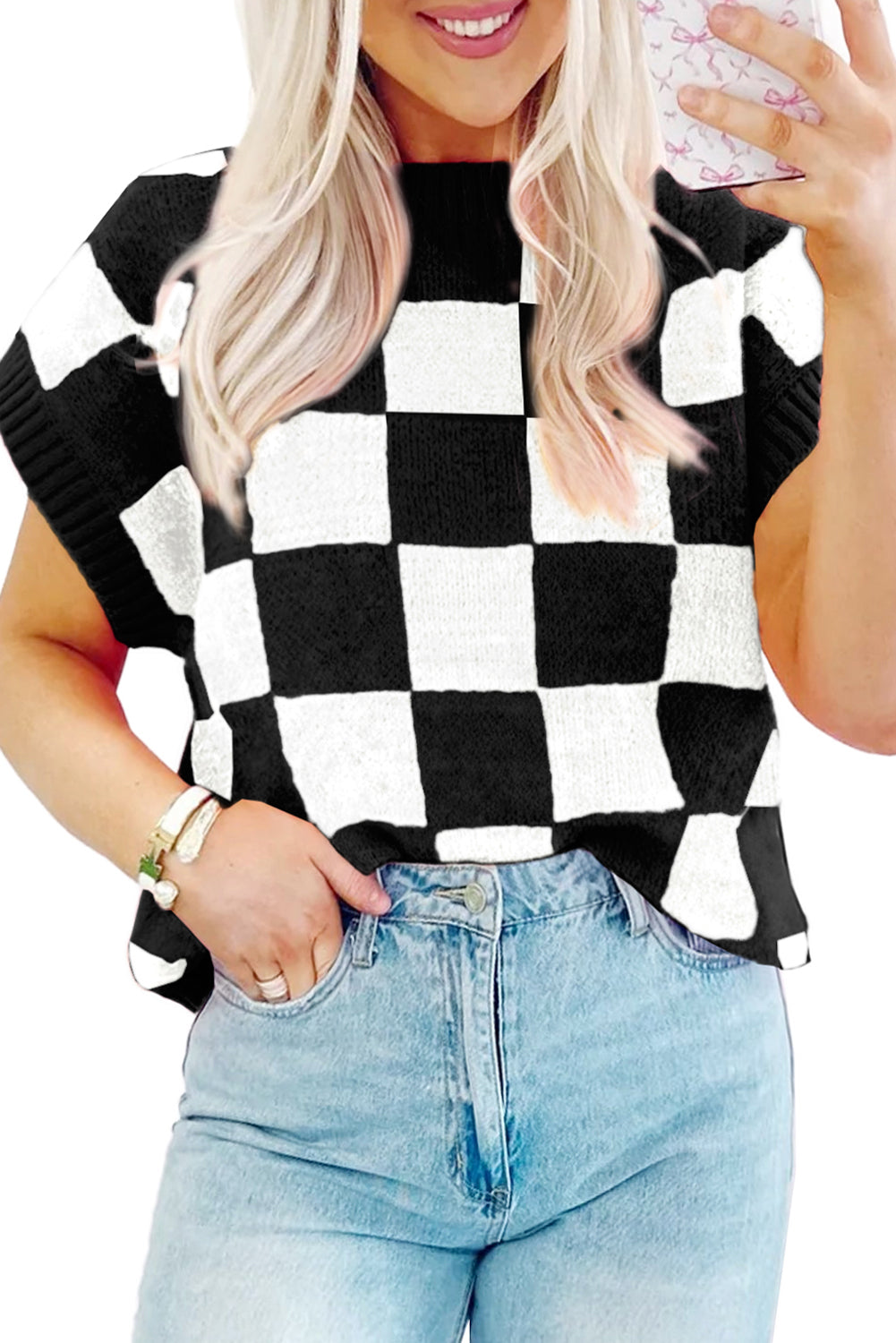 Light French Beige Checkered Knit Dolman Short Sleeve Sweater