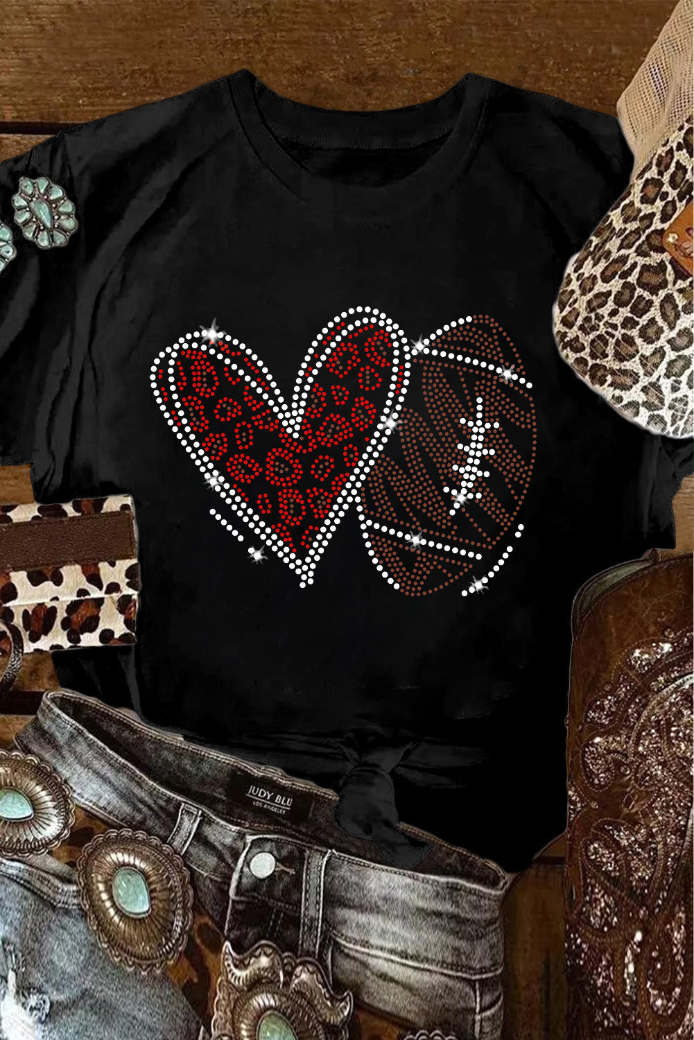 Black Rhinestone Rugby Heart Shape Graphic Game Day Crewneck T Shirt