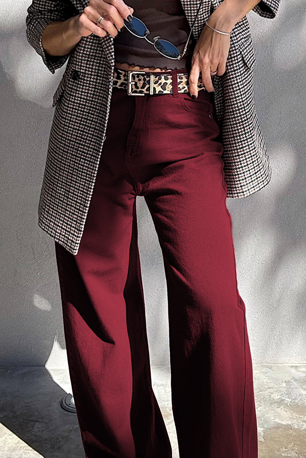 Coffee Loose Straight High Waist Solid Color Jeans