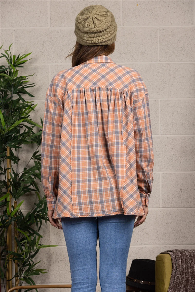 ORANGE/ MADRAS PRINT BUTTON UP TOP