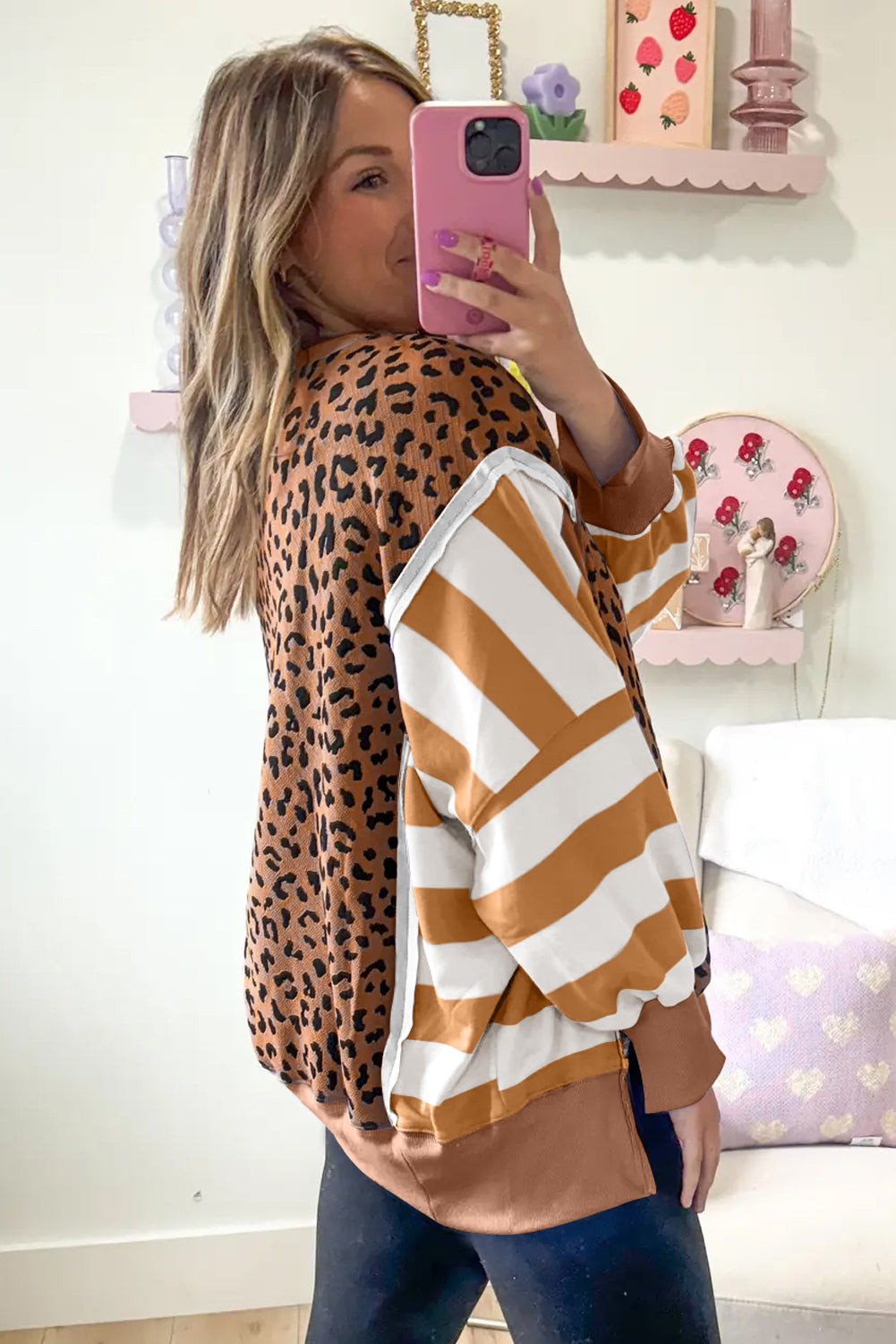 Khaki Stripe Color Block Patchwork Leopard Casual Sweatshirt with Slits