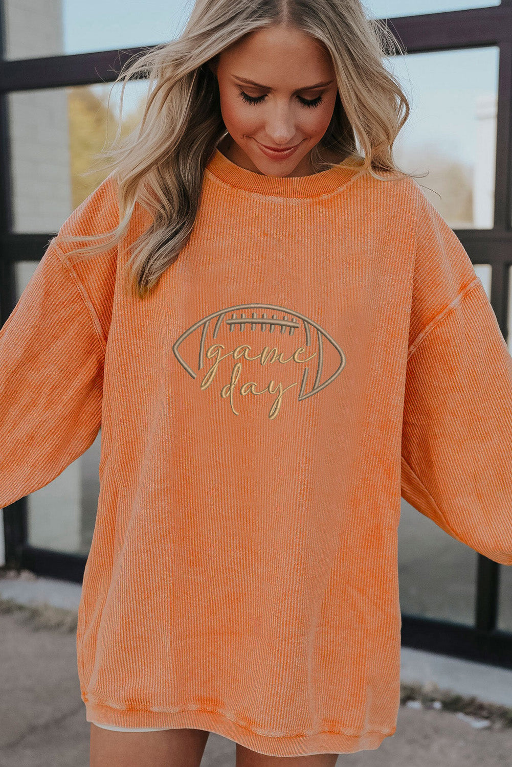White Football Graphic Drop Shoulder Game Day Corded Sweatshirt