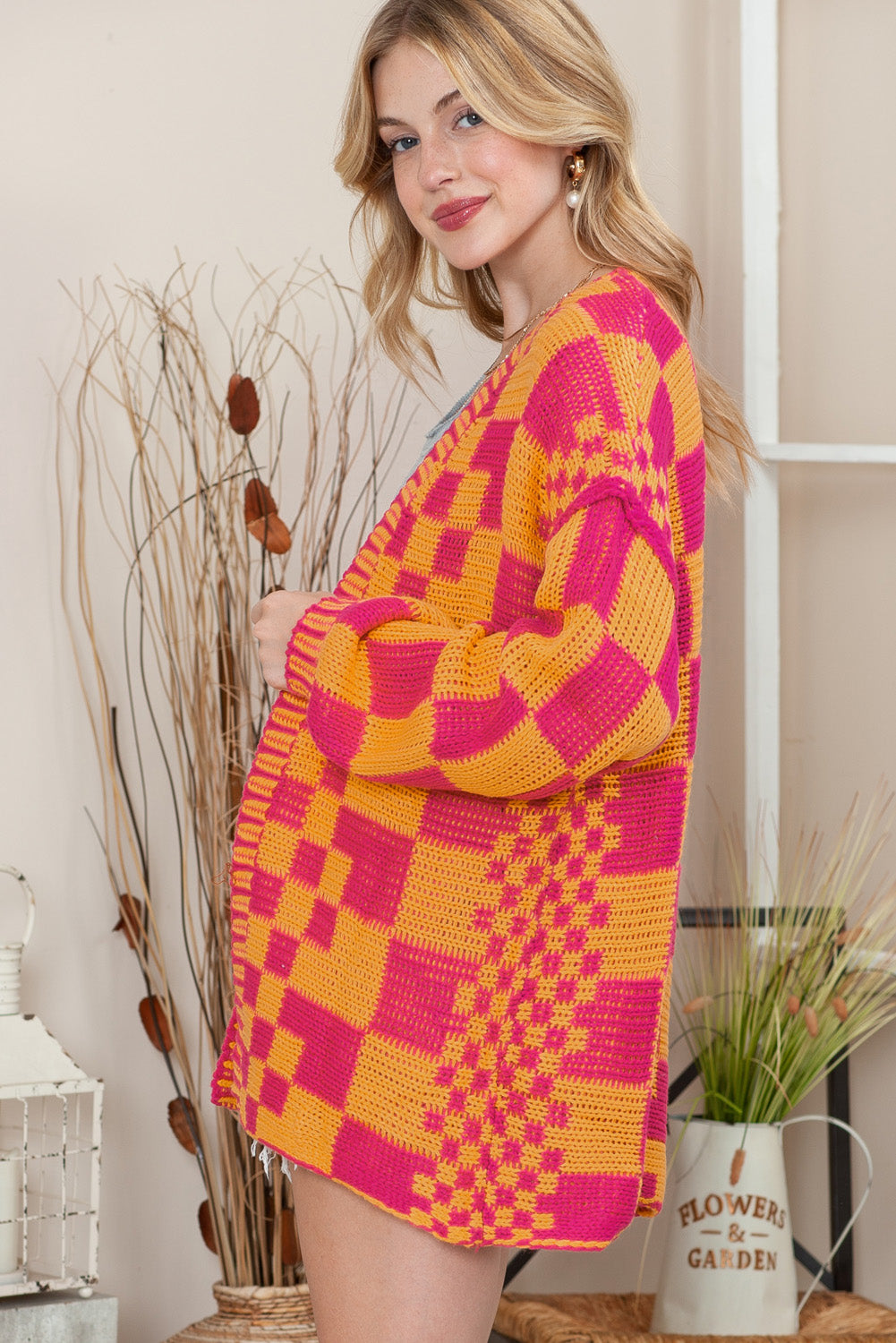 Smoke Gray Colorblock Checked Open Front Knitted Cardigan