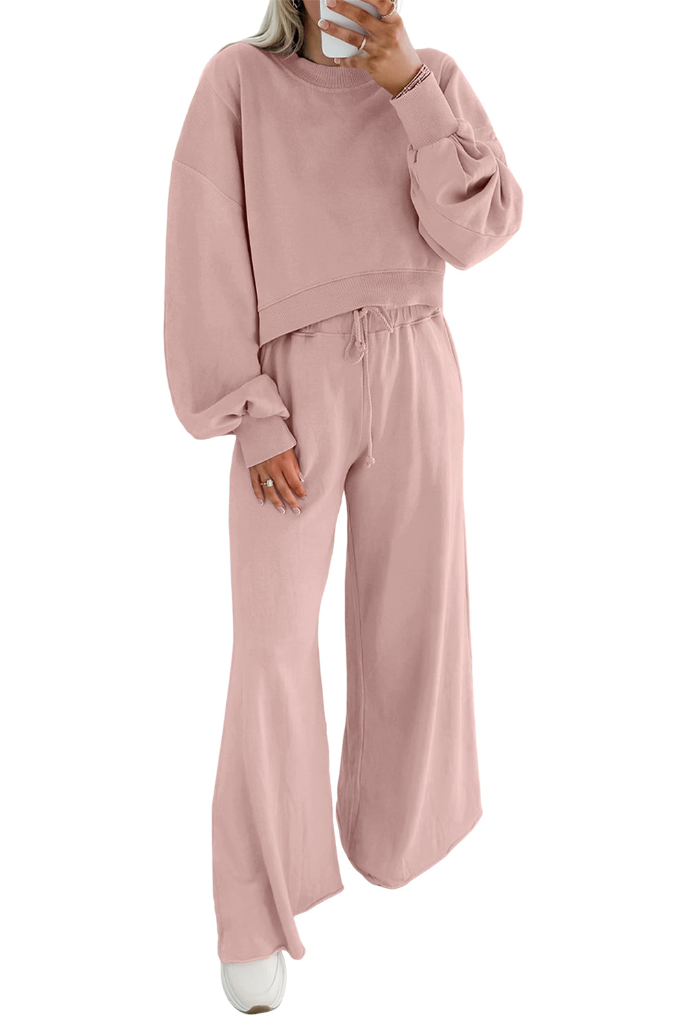 Bright Green Drop Shoulder Crop Pullover Drawstring Wide Leg Pants Set
