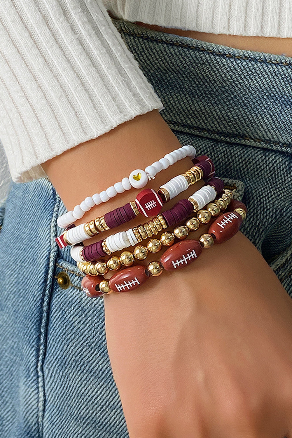 Red Dahlia 5pcs Football Beaded Bracelet Set