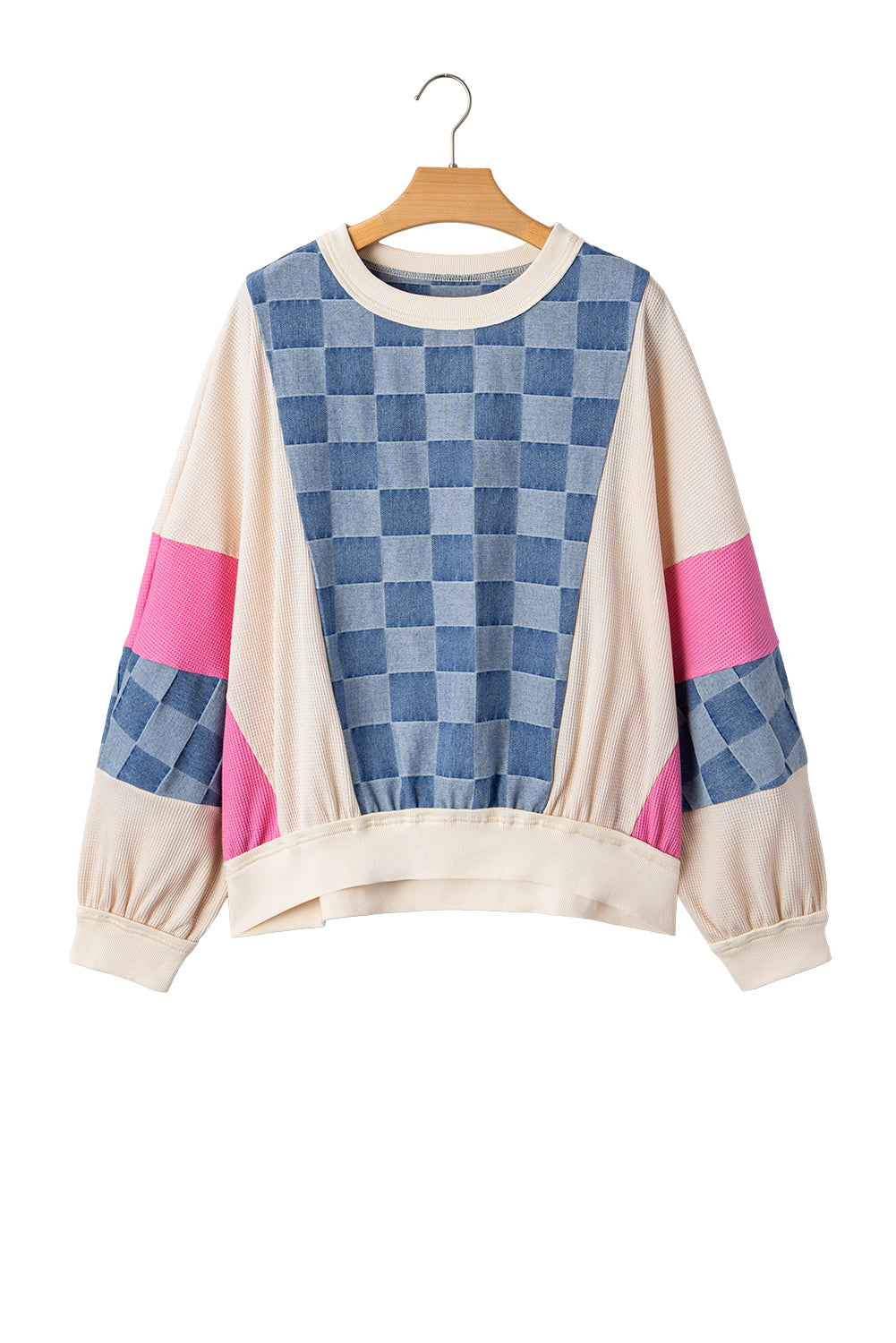 Sky Blue Oversized Checkered Denim Exposed Seam Patchwork Casual Sweatshirt
