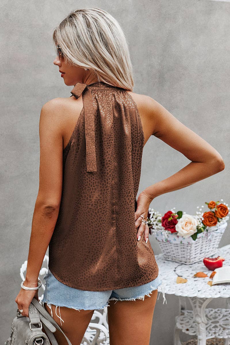 Satin Leopard Halter Tank Spaghetti Strap Cami Shirt