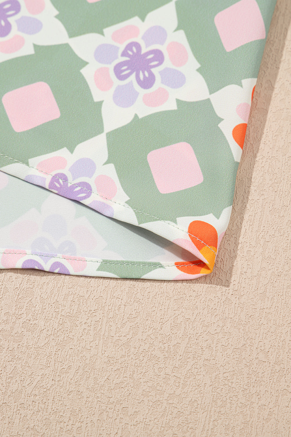 Green Geometric Floral Print 3/4 Sleeve Notched Neck Mini Dress