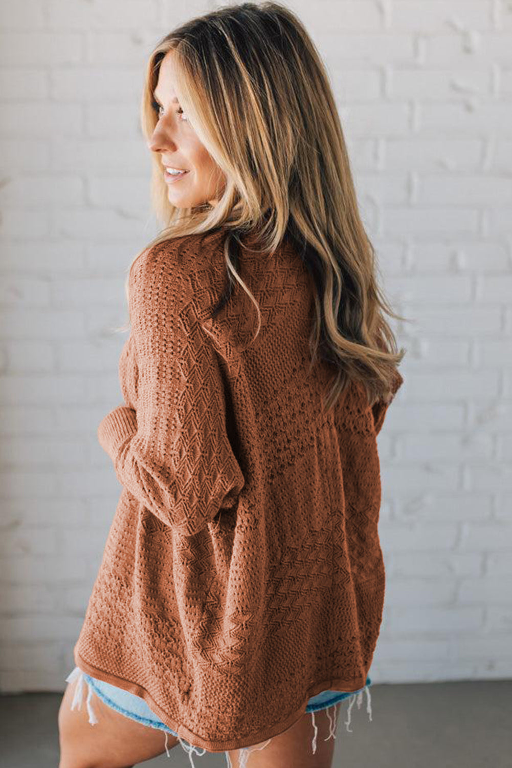 Jet Stream Mix Pattern Hollowed Knit Open Front Cardigan