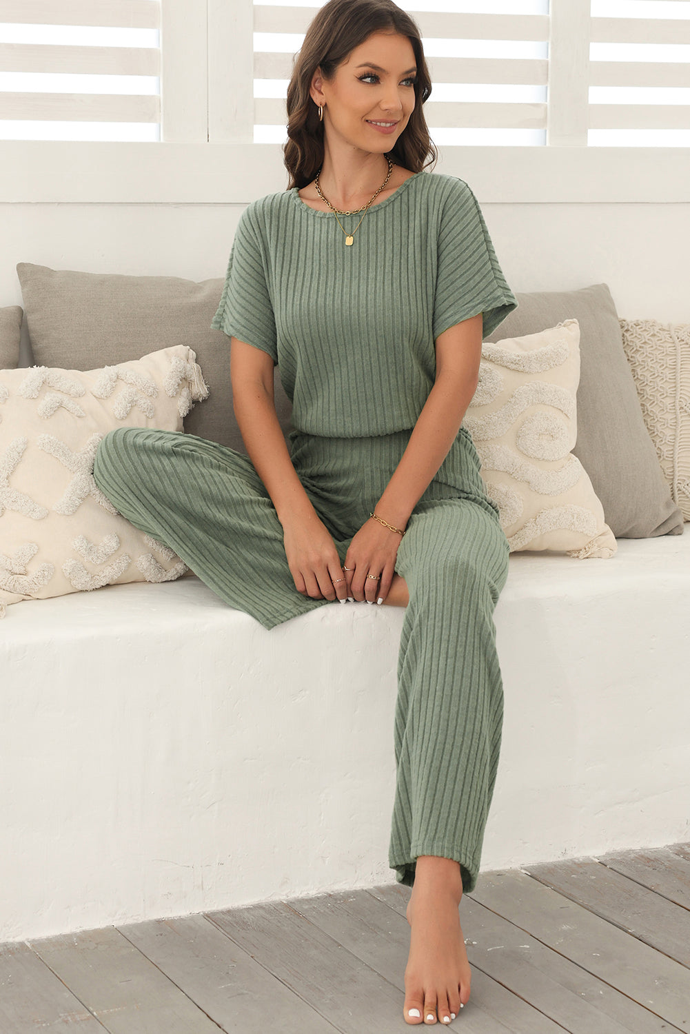 Black Ribbed Keyhole Short Sleeve Wide Leg Jumpsuit