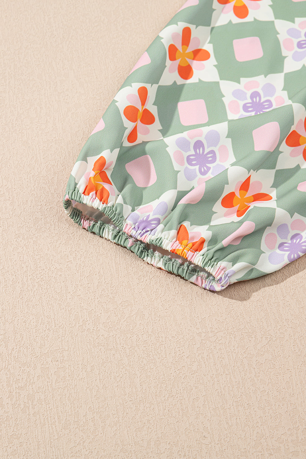 Green Geometric Floral Print 3/4 Sleeve Notched Neck Mini Dress