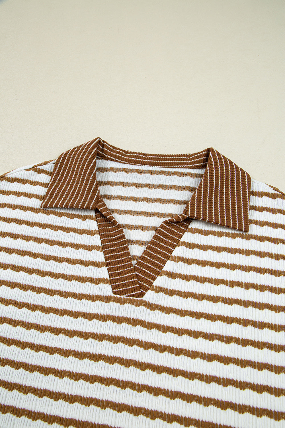 White Stripe Textured Collared Pullover Top and Drawstring Pants Set