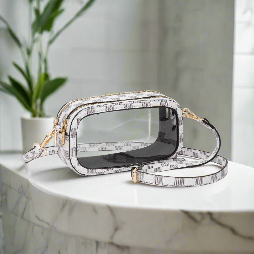 Checker Double Zipper Oval Clear Game Day Crossbody Bag