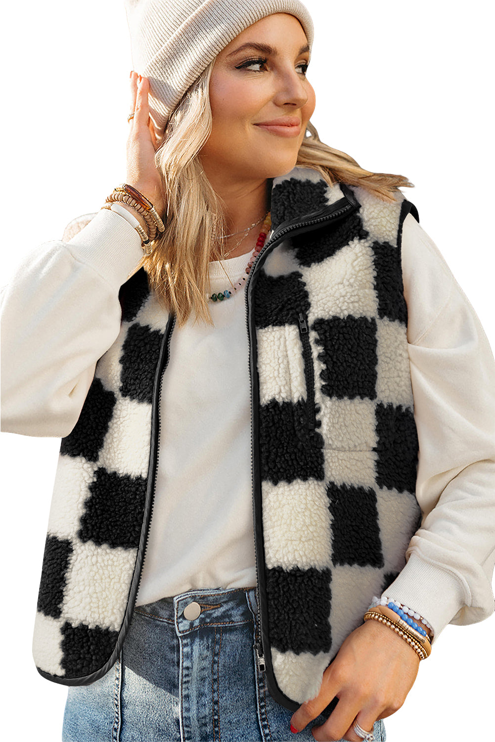 Khaki Checkered Sherpa Collared Jacket Vest