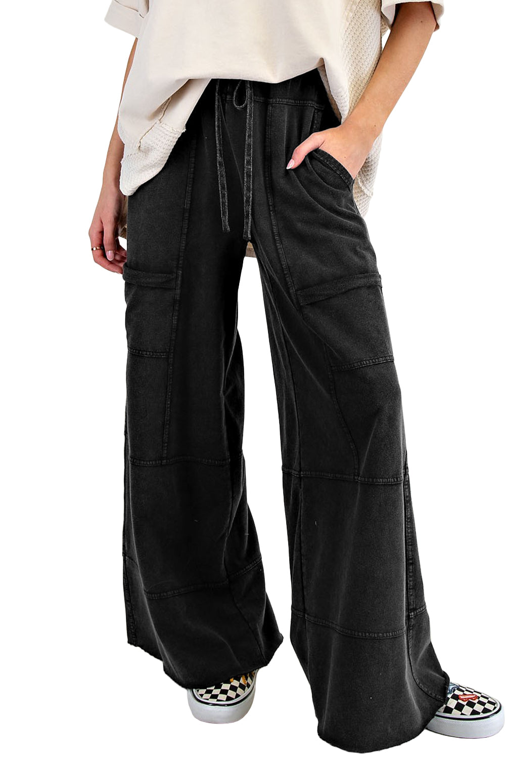 Bonbon Mineral Wash Exposed Seam Wide Leg Cargo Pants