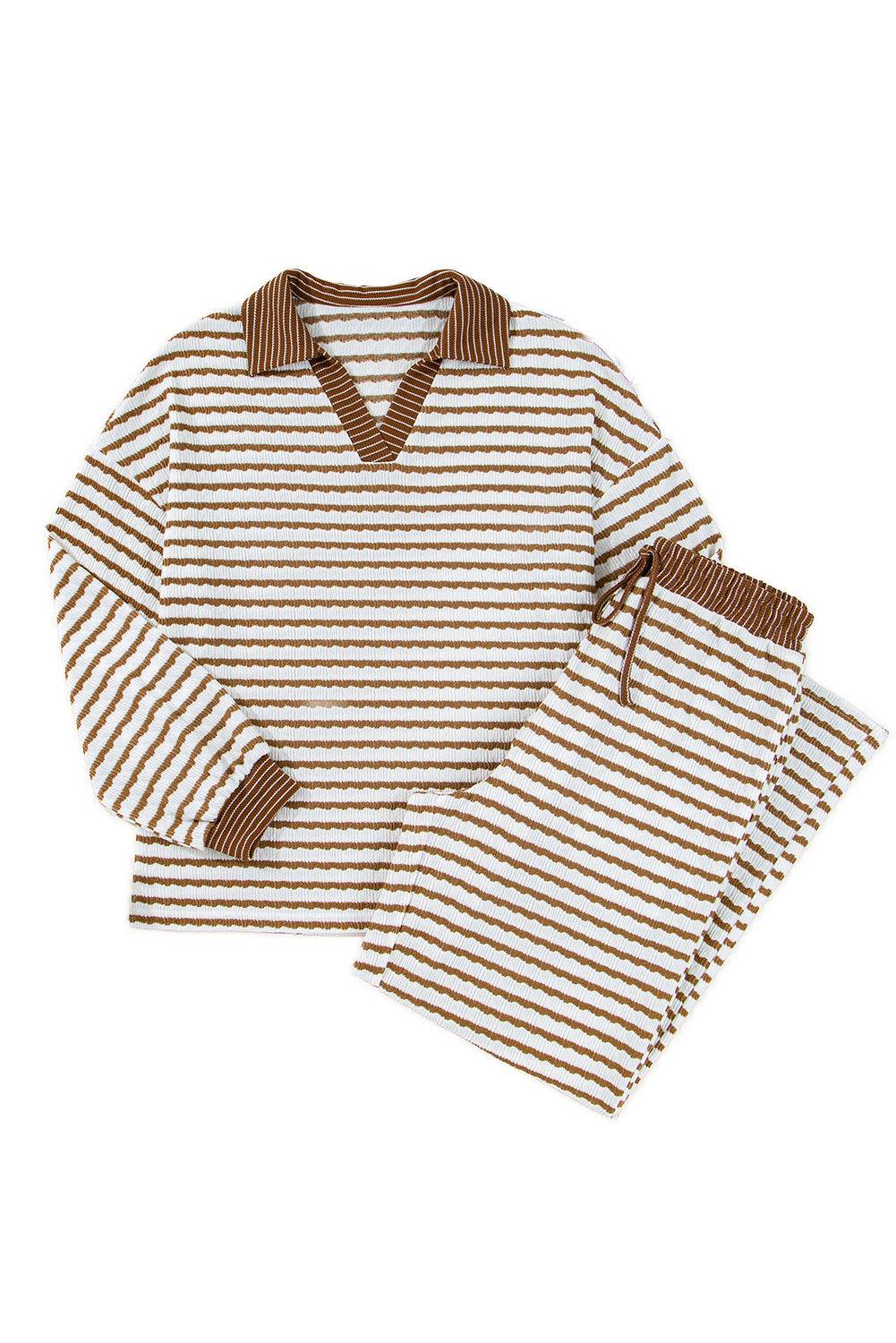 Khaki Stripe Collared Pullover Top and Drawstring Pant Set