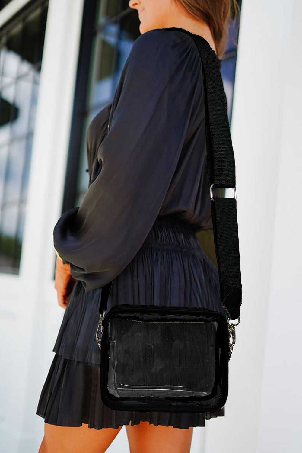 Black Clear PVC Wide Strap Crossbody Bag