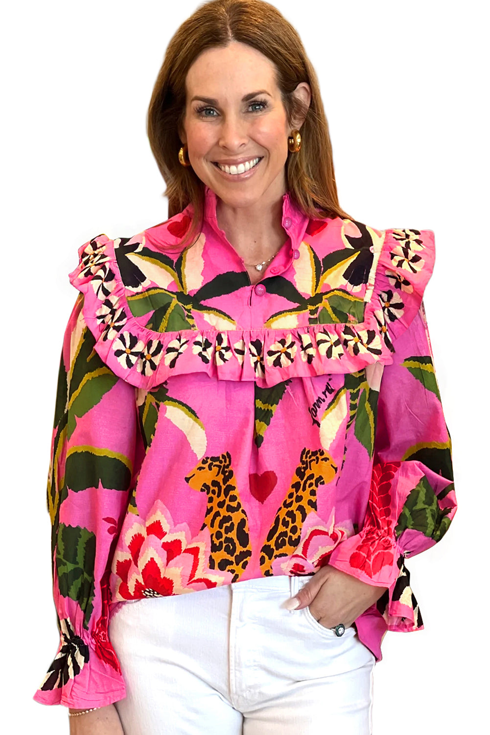 Rose Leopard Print Tropical Ruffle Blouse