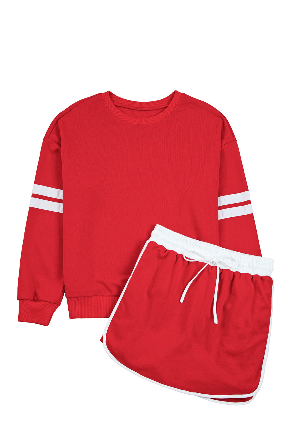 Black Varsity Stripe Detail Drop Shoulder Pullover Mini Skirt Set