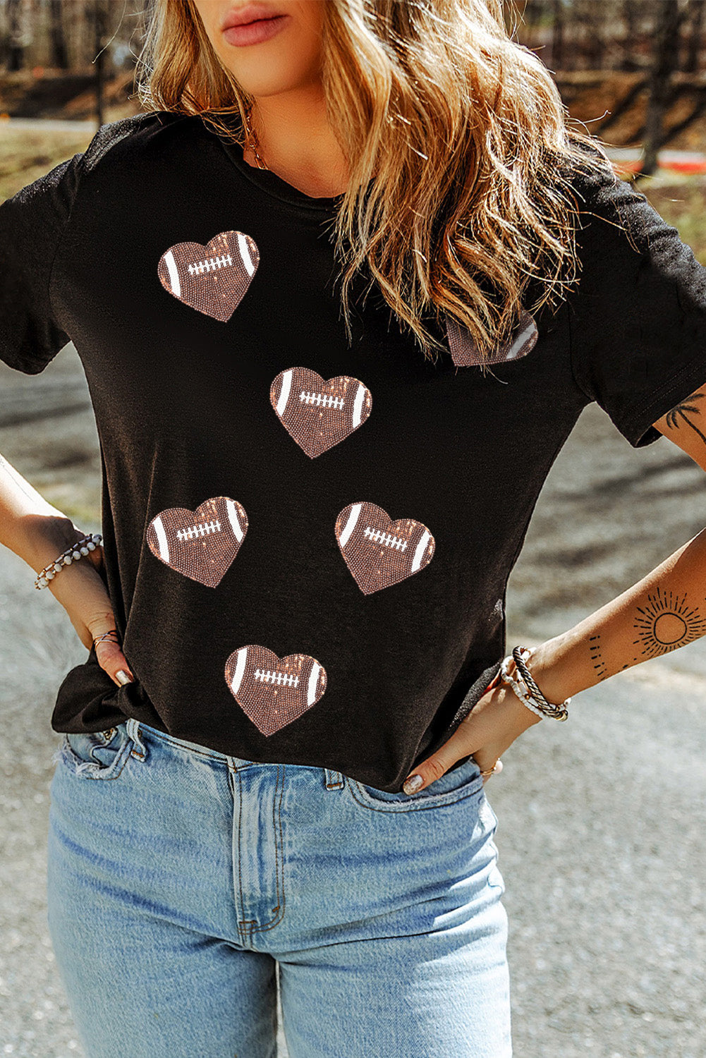 For The Love Of Football Sequin Heart Patched Graphic Tee