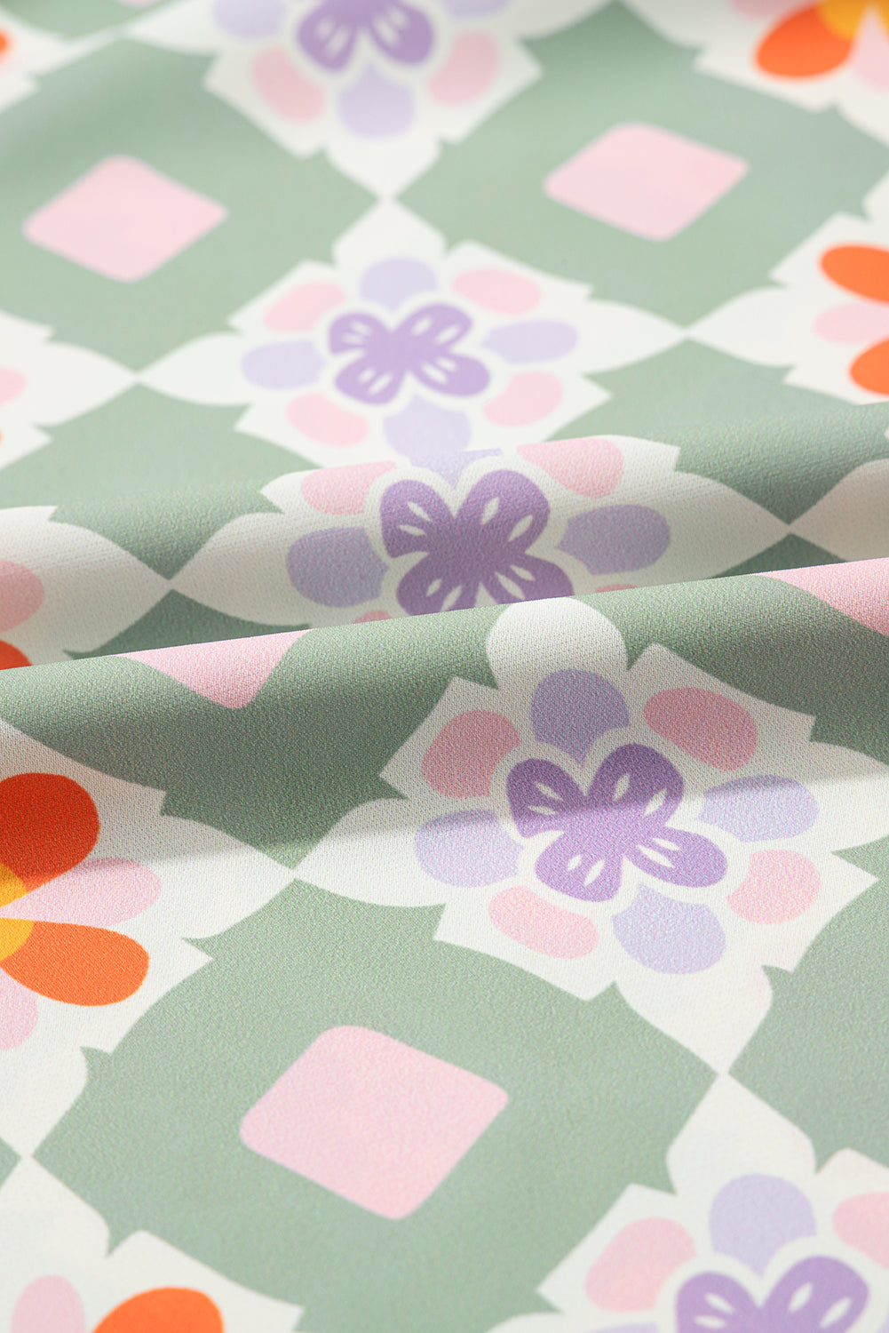 Green Geometric Floral Print 3/4 Sleeve Notched Neck Mini Dress