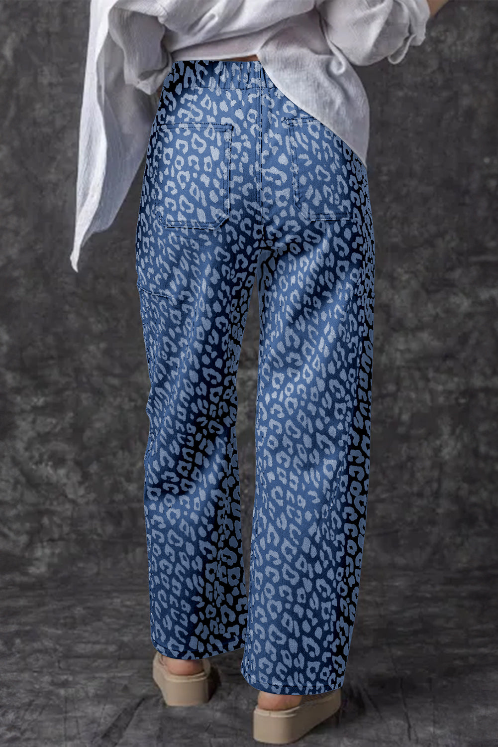 Khaki Leopard Printed Drawstring Elastic Waistband Pocketed Wide Leg Jeans