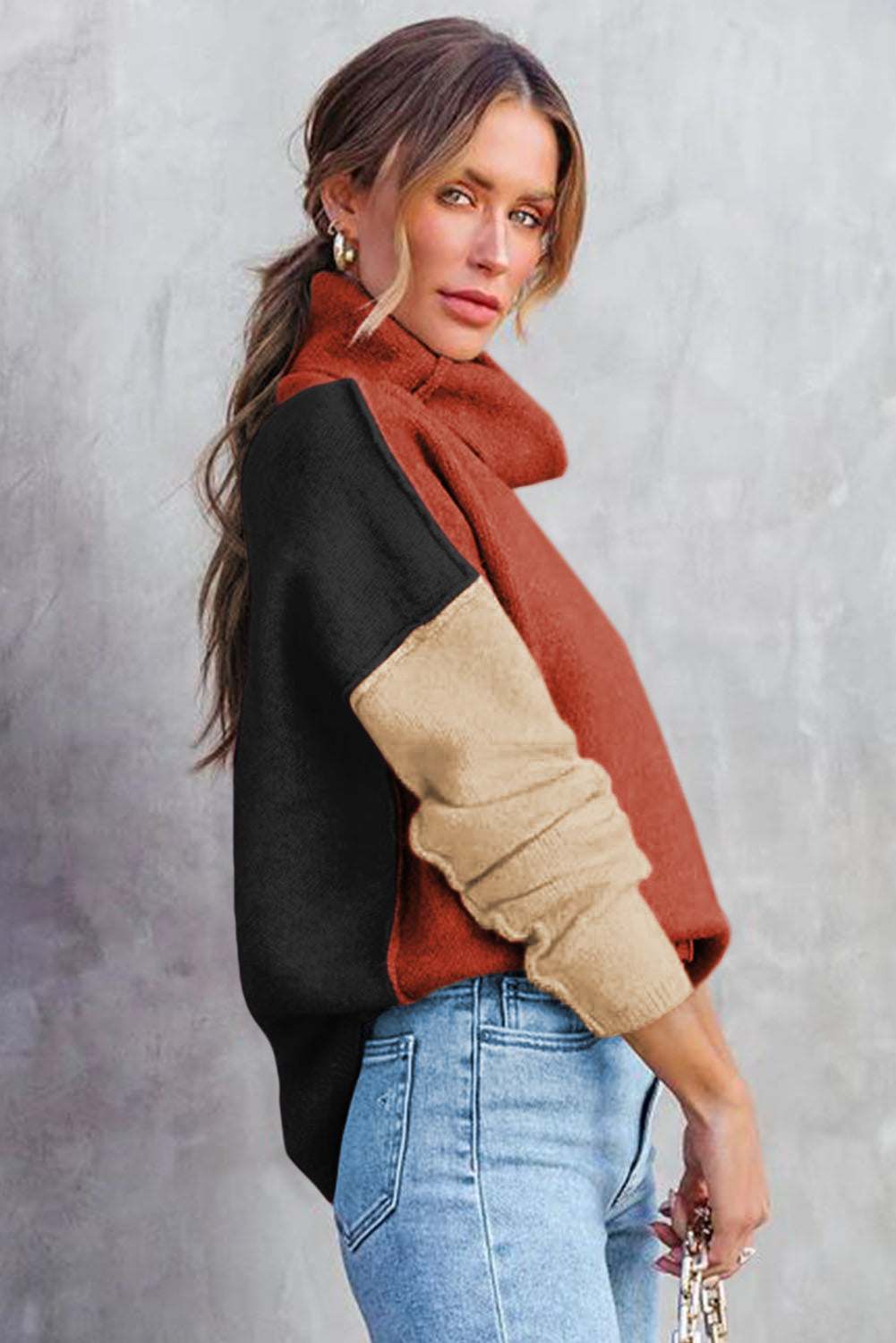 Pale Chestnut Color Block Turtle Neck Drop Shoulder Knit Sweater