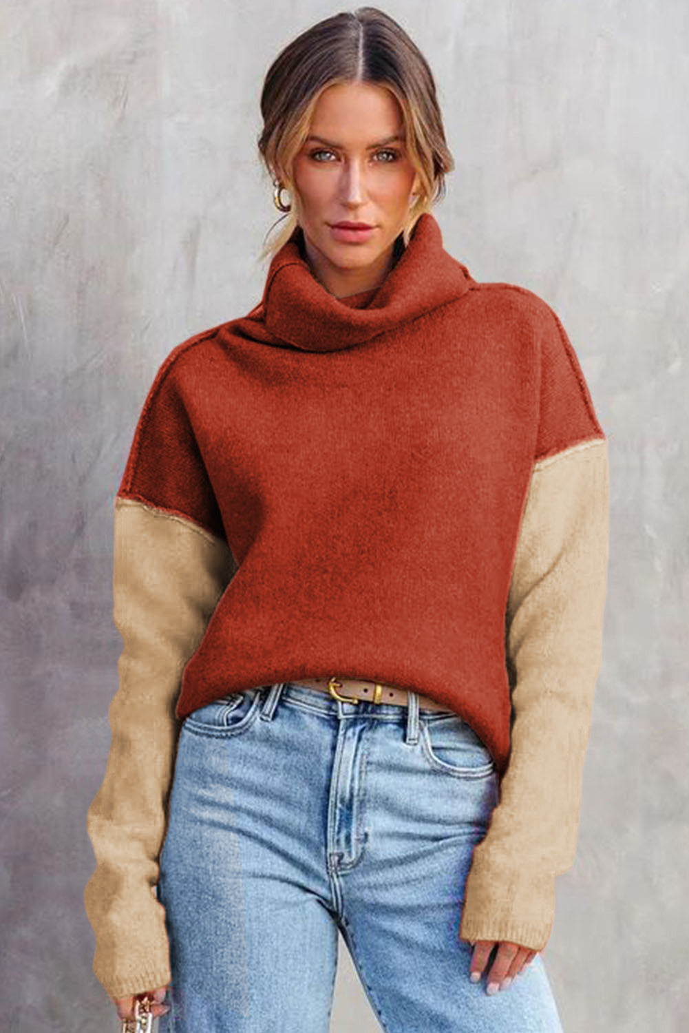 Pale Chestnut Color Block Turtle Neck Drop Shoulder Knit Sweater