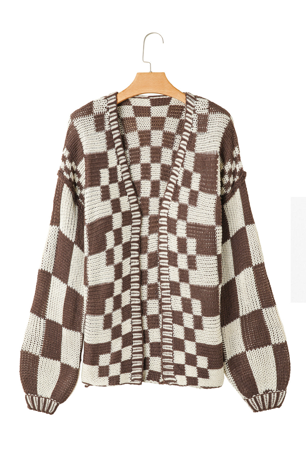 Smoke Gray Colorblock Checked Open Front Knitted Cardigan