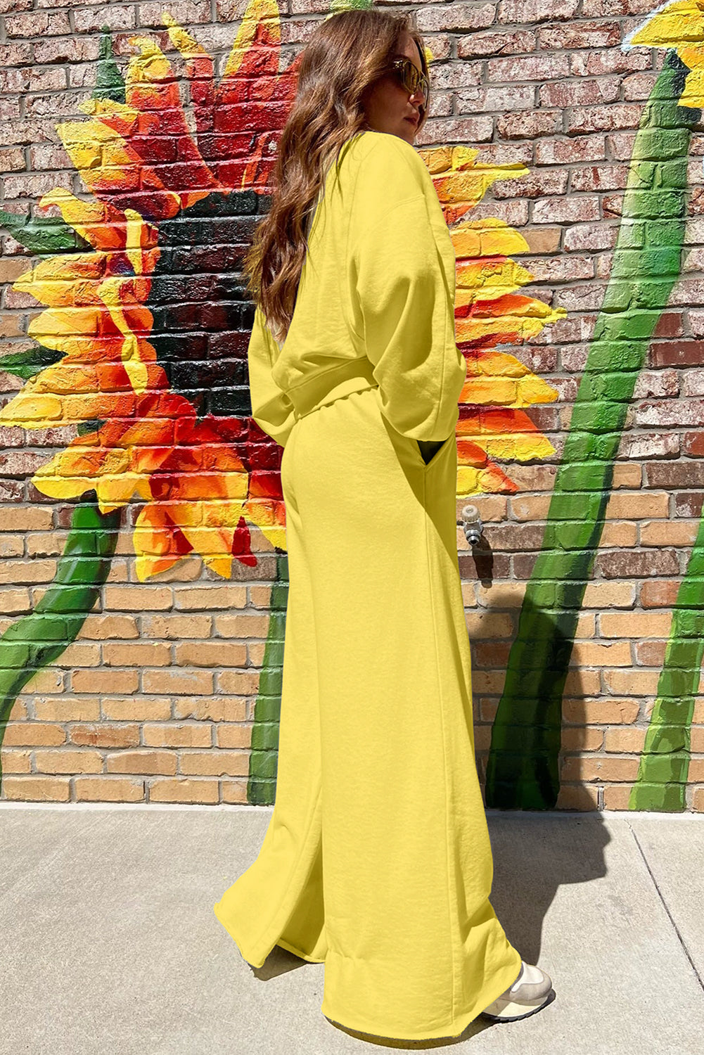 Bright Green Drop Shoulder Puff Sleeve Crop Pullover Drawstring Wide Leg Pants Set