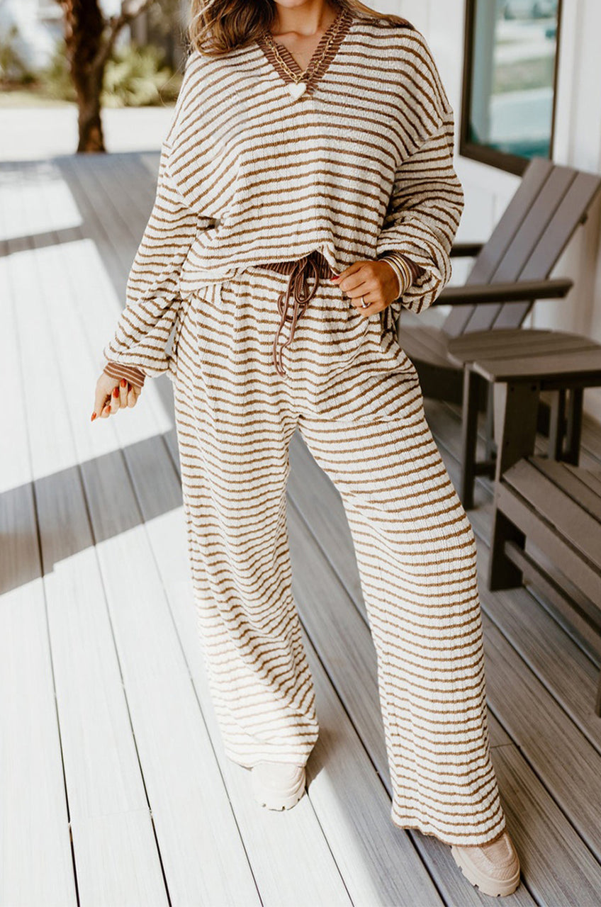 Khaki Stripe Collared Pullover Top and Drawstring Pant Set