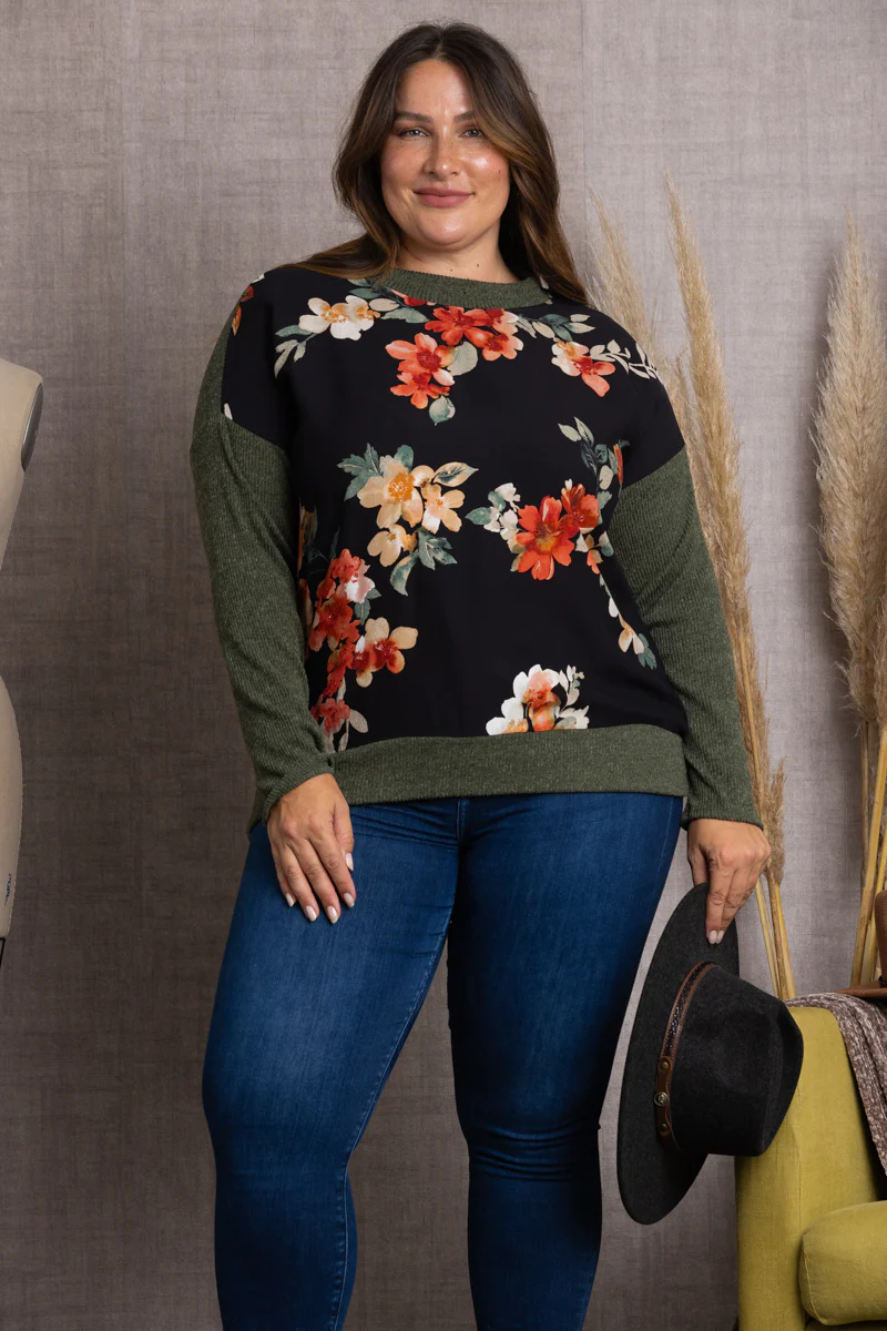 BLACK FLORAL PRINT RIB STITCH CONTRAST PLUS SIZE TOP