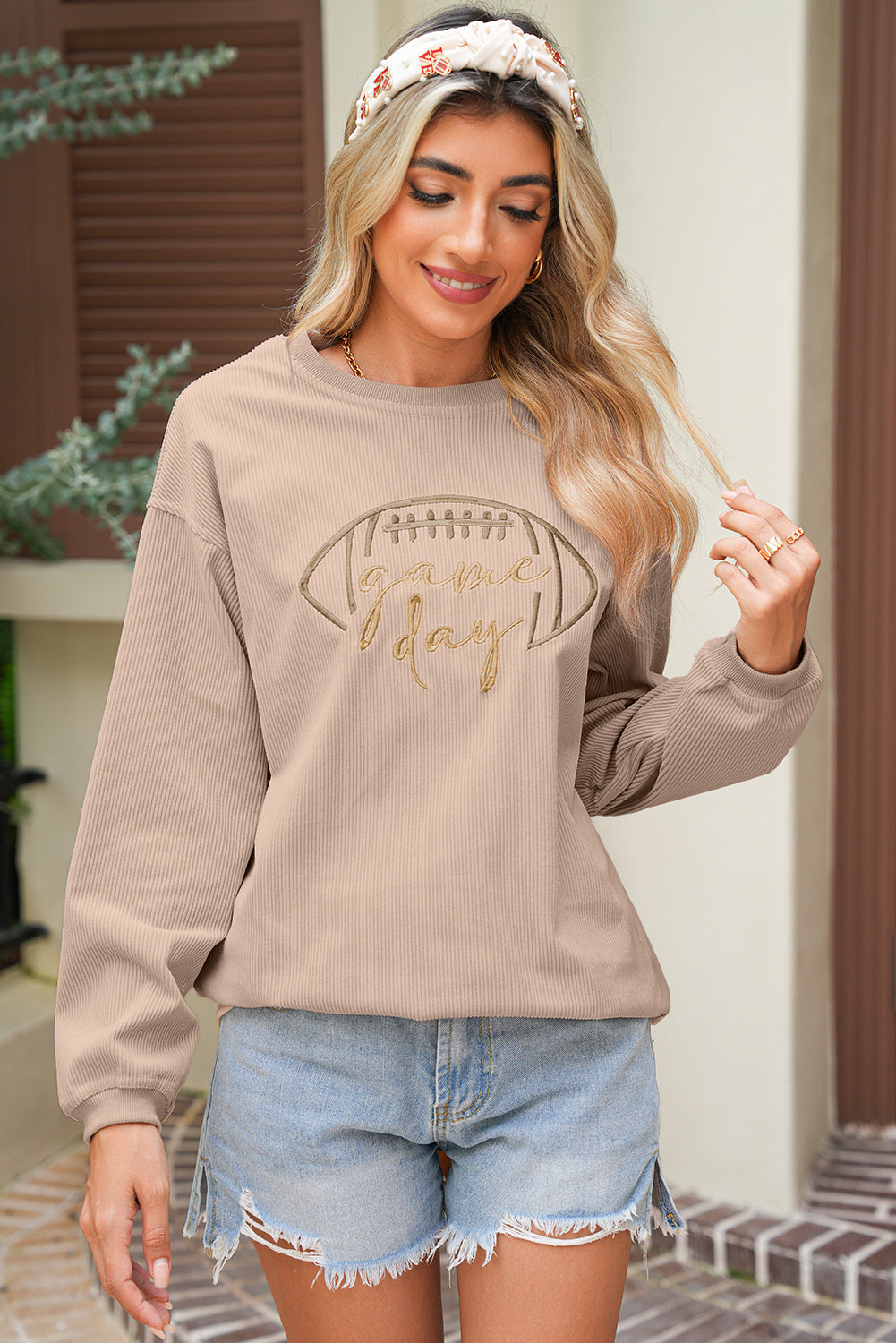 White Football Graphic Drop Shoulder Game Day Corded Sweatshirt
