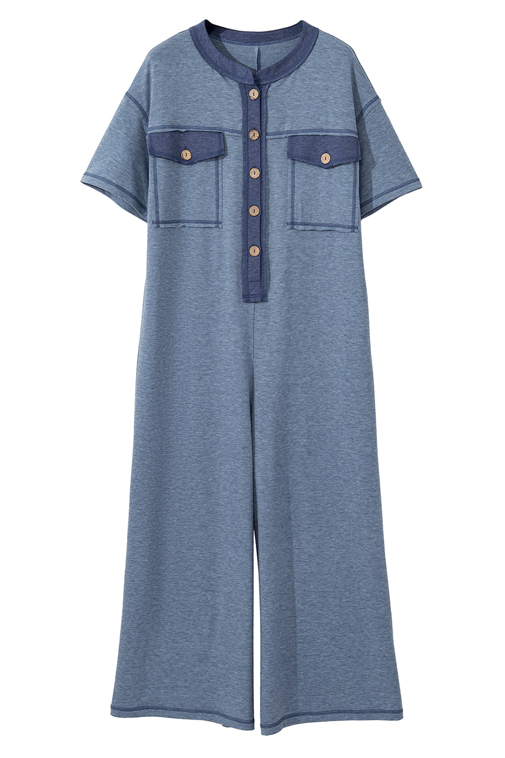Beau Blue Patchwork Pocket Short Sleeve Jumpsuit