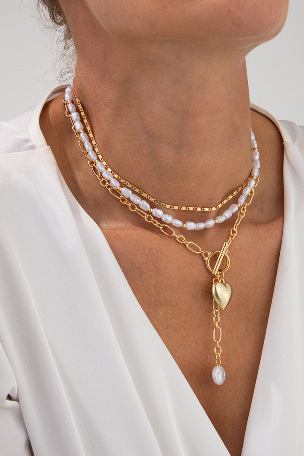 Gold 3pcs Heart Pendant Pearl Necklace Set