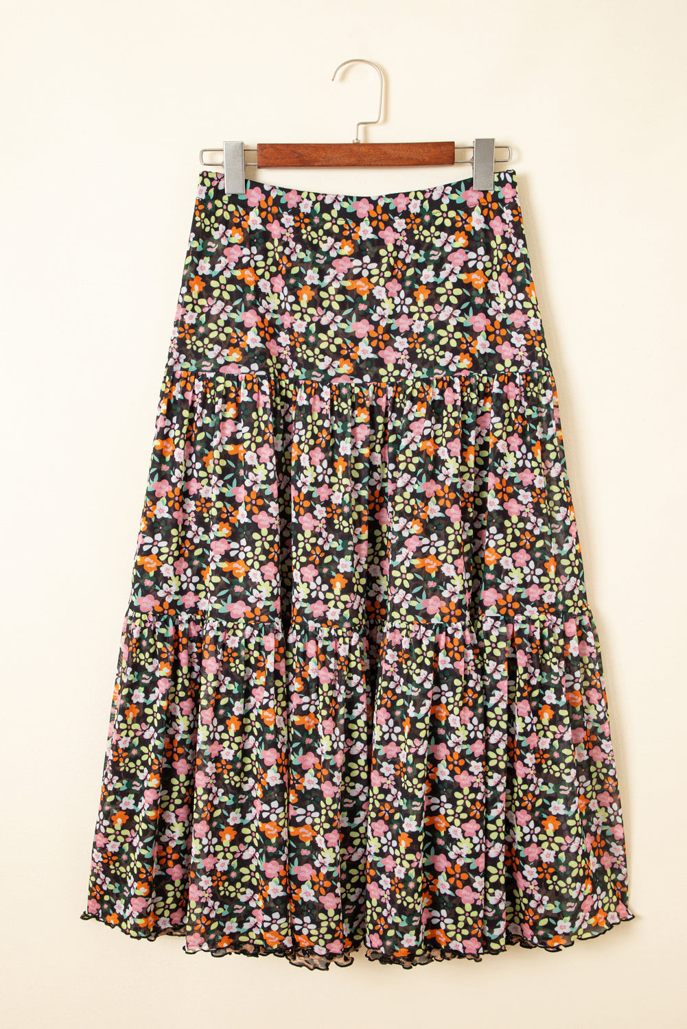 Brown Leopard Floral Reversible Ruffle Hem Maxi Skirt