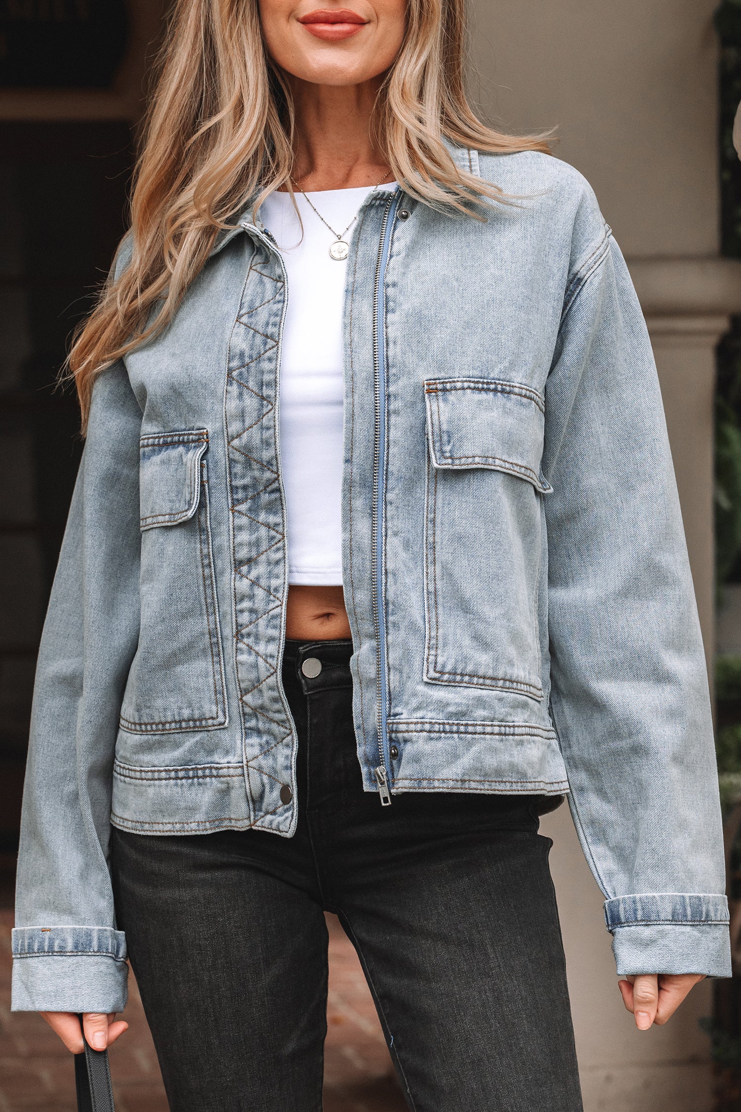 Beau Blue Street Style Zip Up Washed Denim Jacket