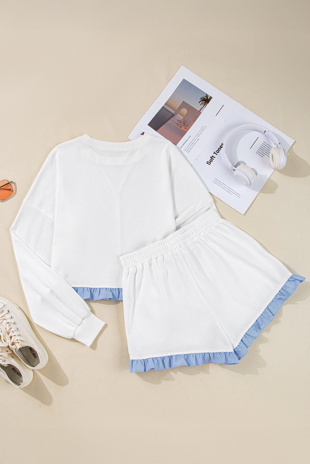 White Striped Ruffle Hem Long Sleeve Pullover and Shorts Set