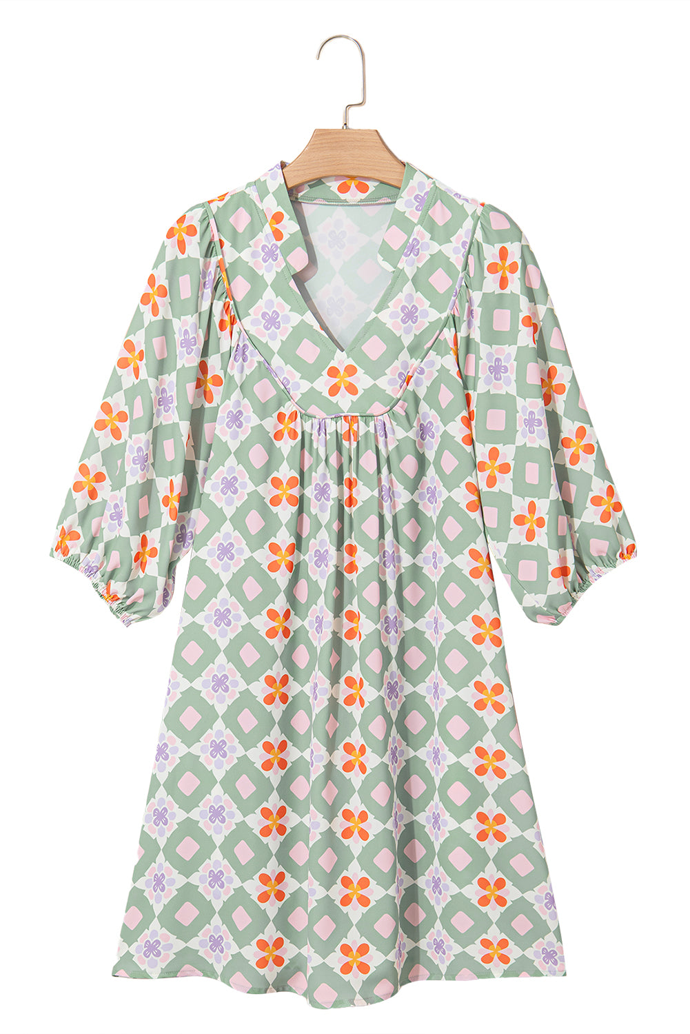 Green Geometric Floral Print 3/4 Sleeve Notched Neck Mini Dress