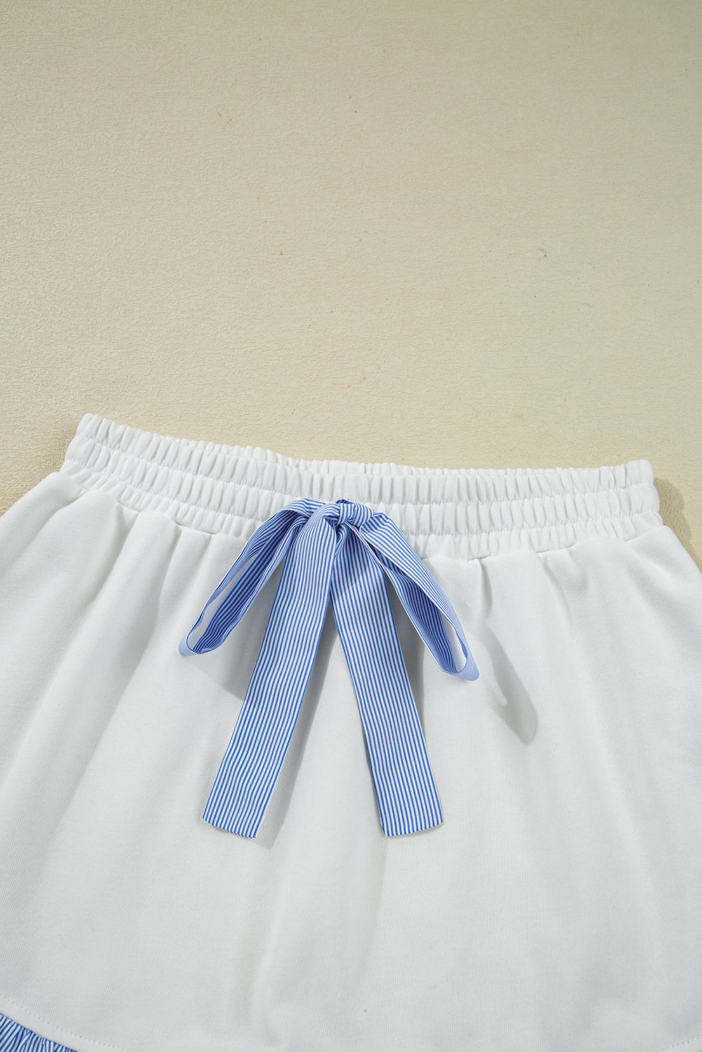 White Striped Ruffle Hem Long Sleeve Pullover and Shorts Set