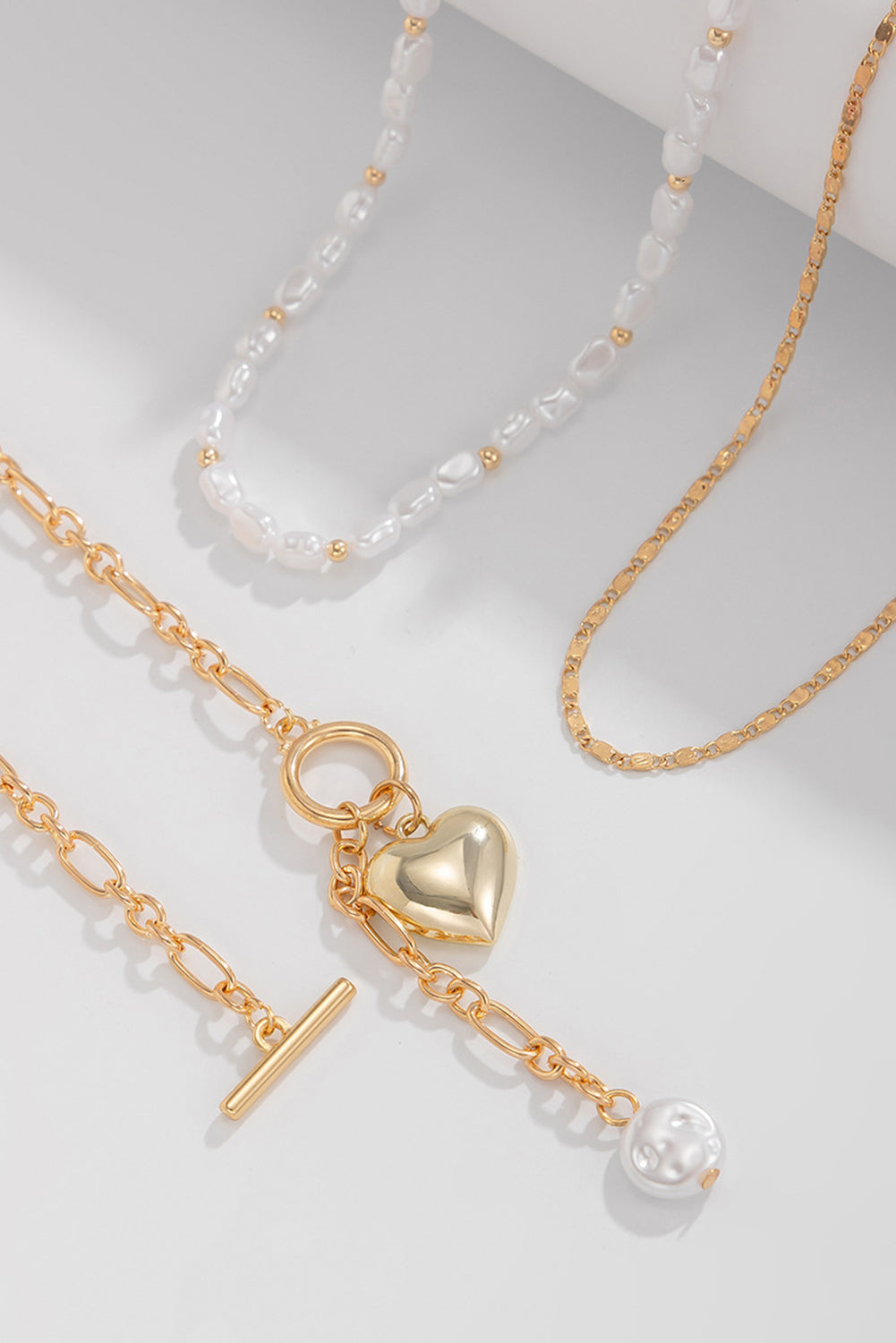 Gold 3pcs Heart Pendant Pearl Necklace Set