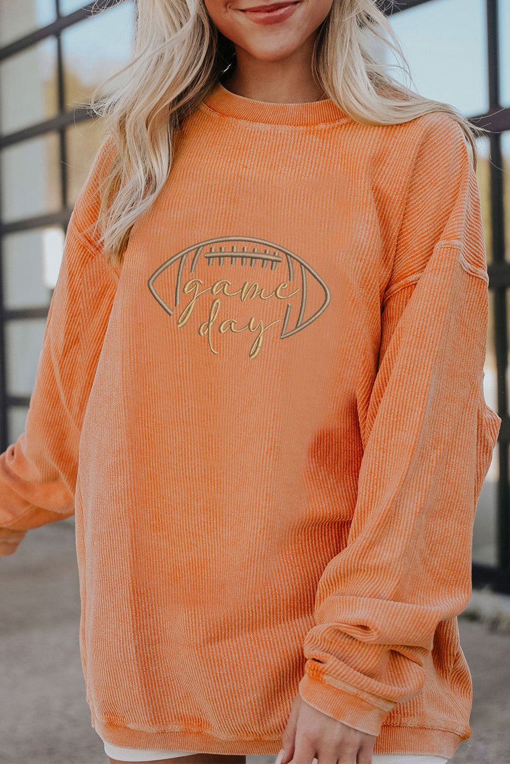 White Football Graphic Drop Shoulder Game Day Corded Sweatshirt