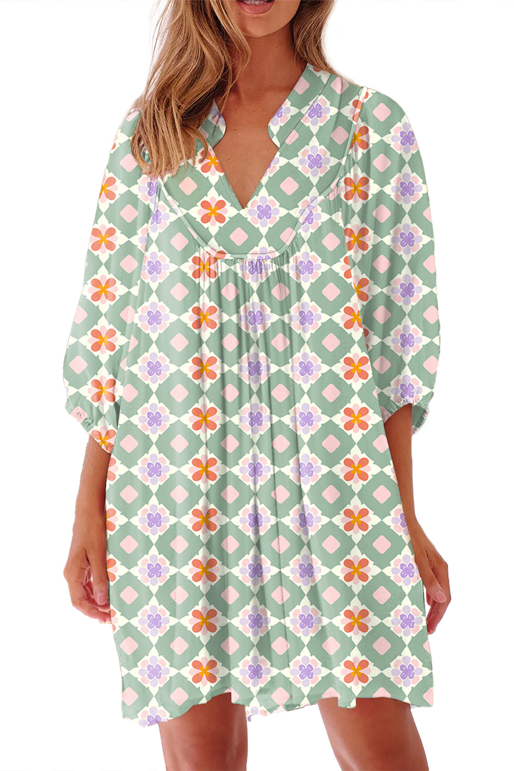 Green Geometric Floral Print 3/4 Sleeve Notched Neck Mini Dress