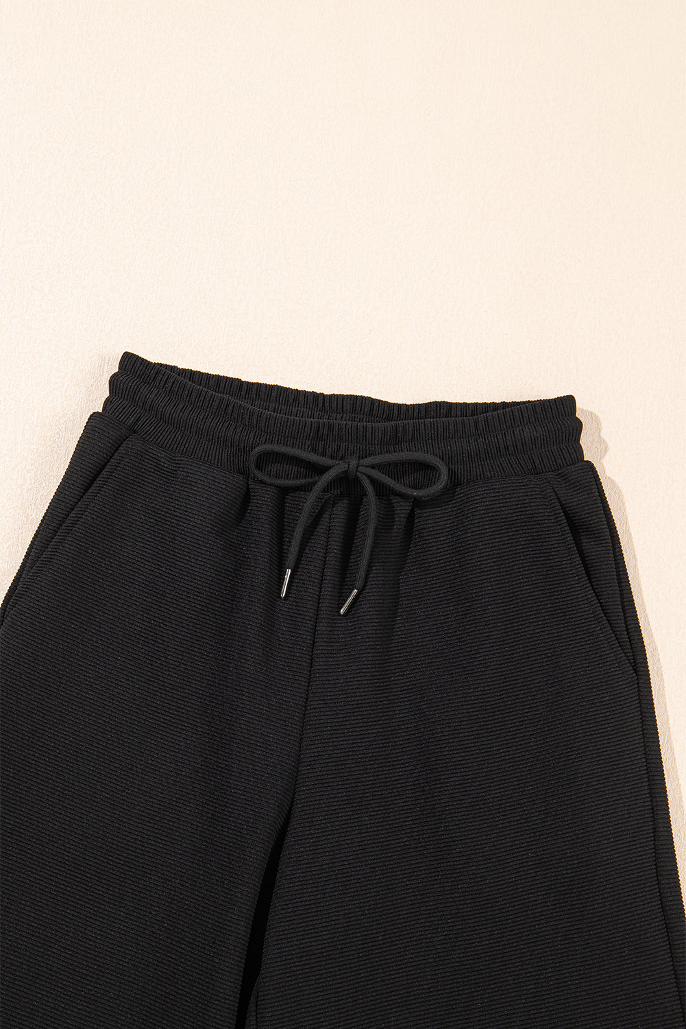 Black Textured Ruffle Sleeve Zipped Top and Wide Leg Pants Set